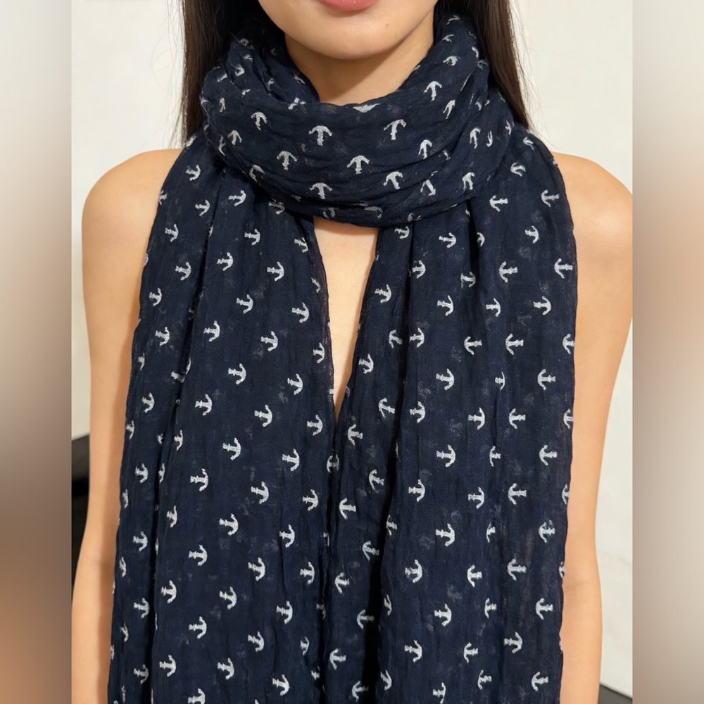 NWT Mango Nautical Anchors Print Lightweight Scarf Shawl Navy and White